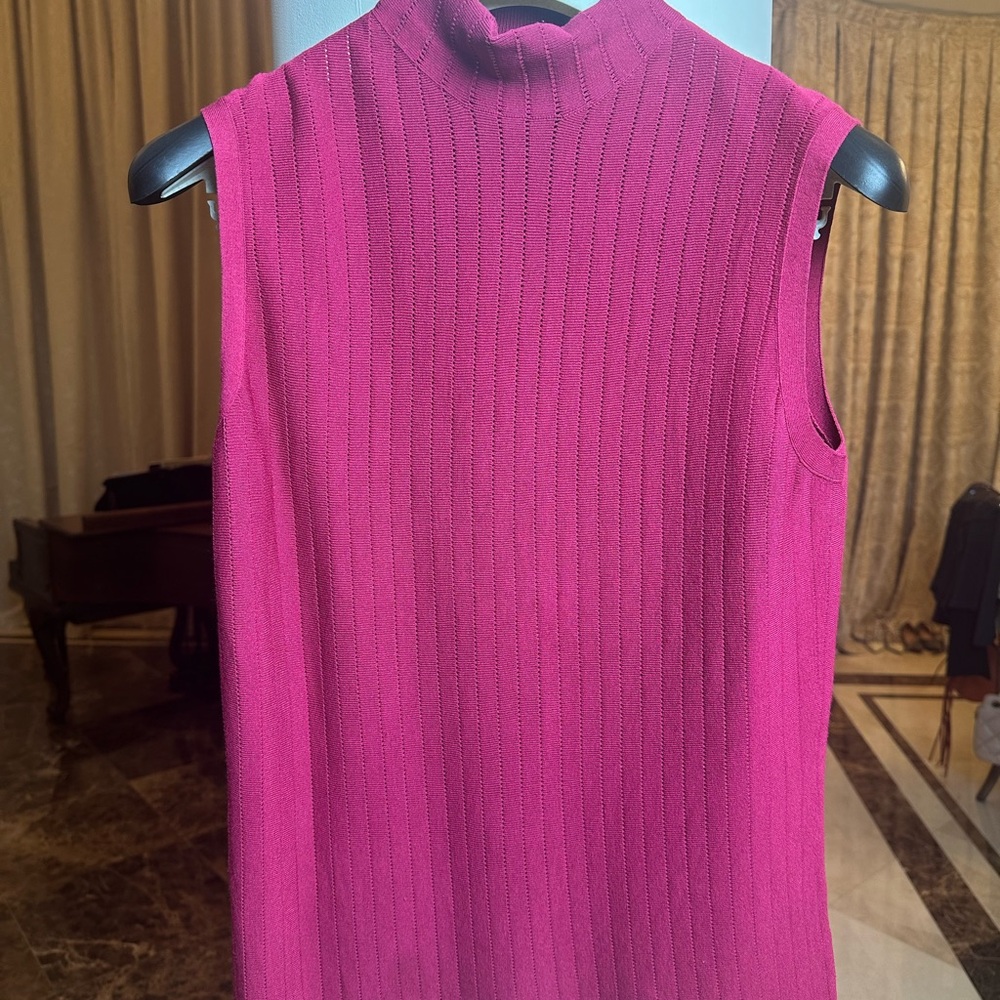 Lafayette 148 Elegant Ribbed Mock Neck Sleeveless Top | Magenta - Picture 2 of 8